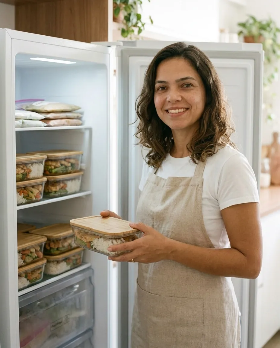 Julia segurando um pote de vidro em frente ao freezer organizado com marmitas congeladas