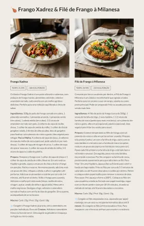 Página real do ebook com duas receitas de frango: fotos, tempo de preparo, calorias, ingredientes, preparo, macros e orientação de congelamento