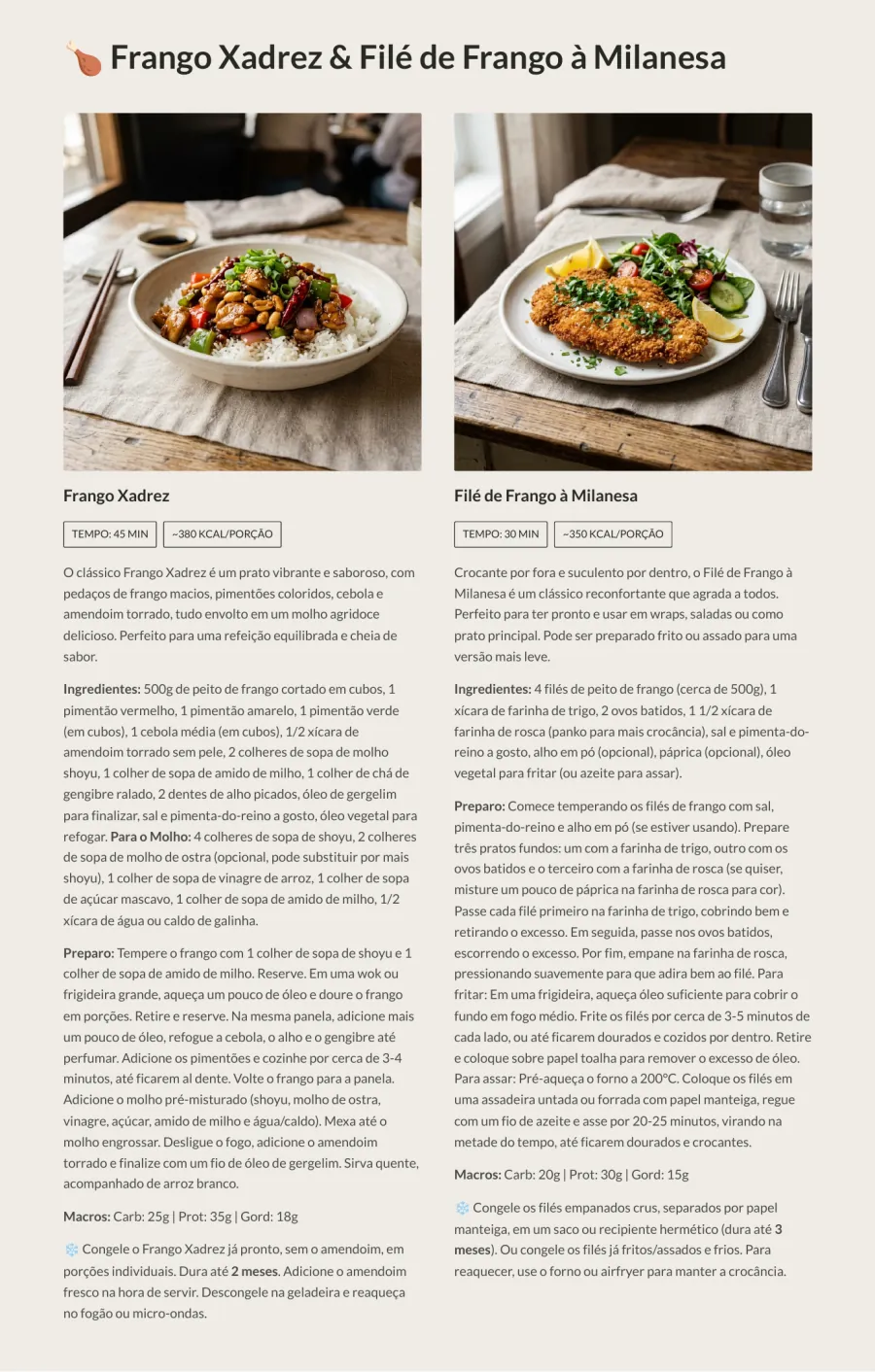 Página 40 do ebook Receitas Saudáveis para Congelar: Frango Xadrez e Filé de Frango à Milanesa, com foto, tempo de preparo, calorias por porção, ingredientes, preparo, macros e orientação de congelamento