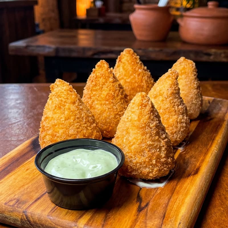 Coxinhas empanadas para congelar, com molho para servir